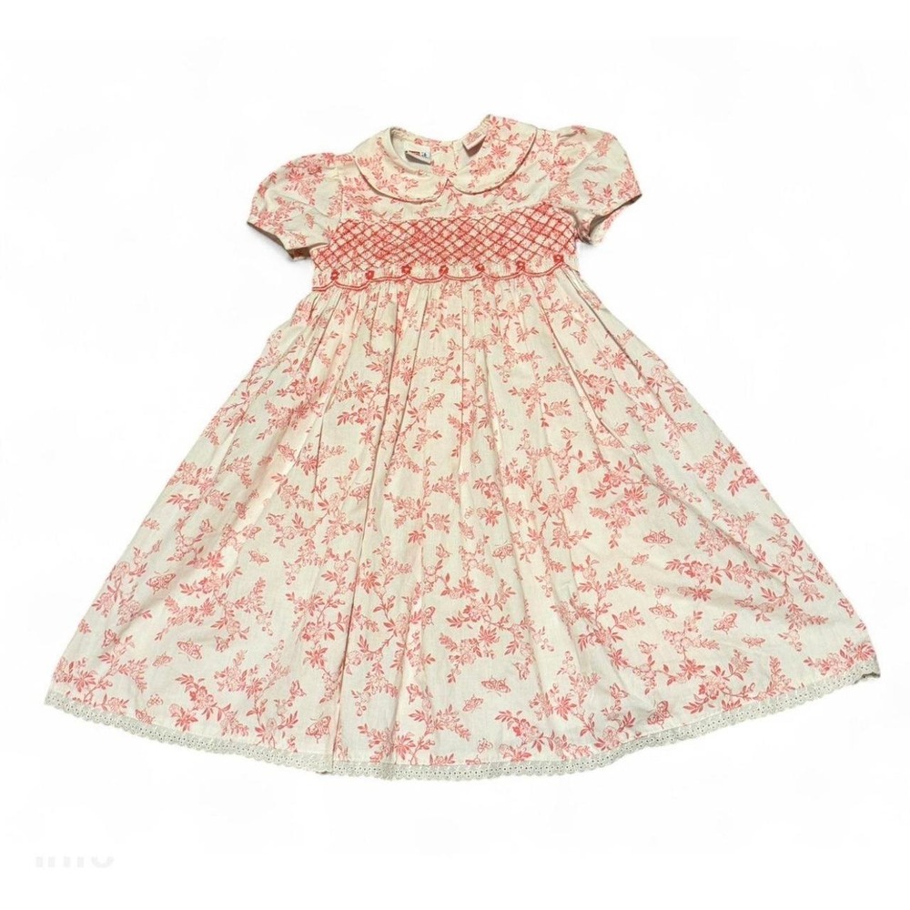 Vintage Girls 4T Smocked Floral Butterfly Toile Dress Peter Pan Collar Pink